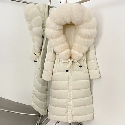Damen Winter Steppmantel Lang mit Kunstfellkragen Bindegürtel