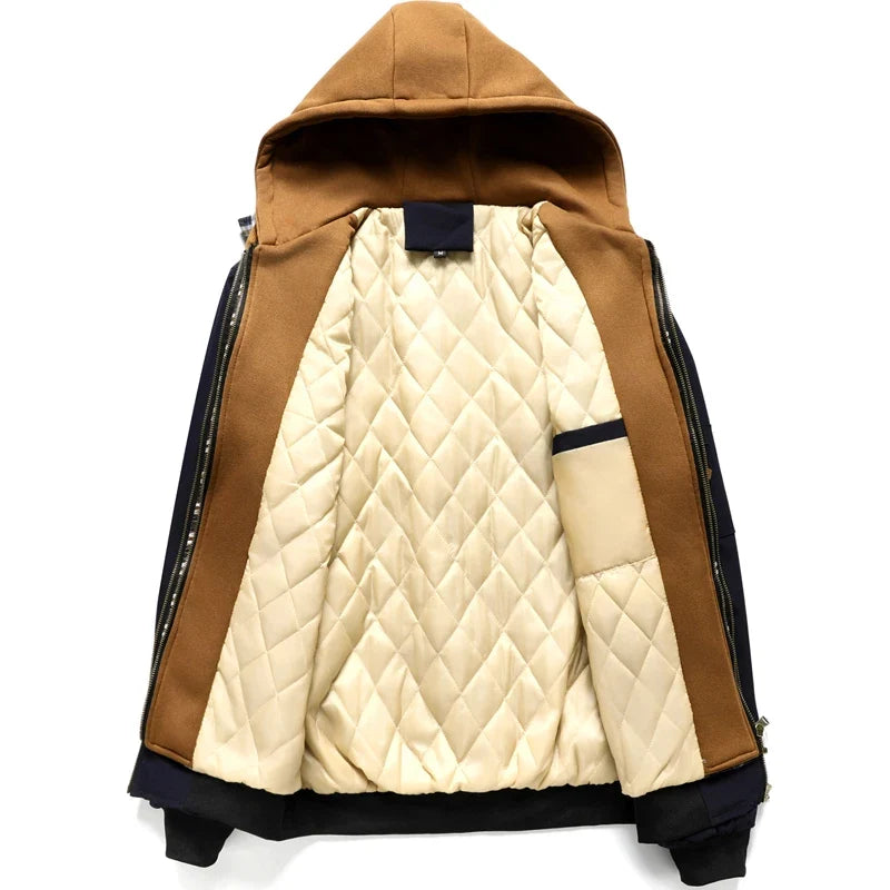 Men's bomber jacket with hood, quilted lining and checkered pattern, black