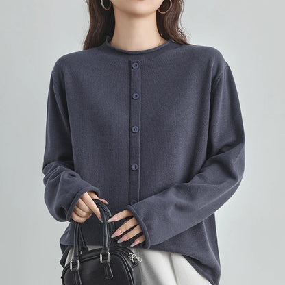 Damen Cardigan Rundhals Langarm Strickjacke mit Knöpfen
