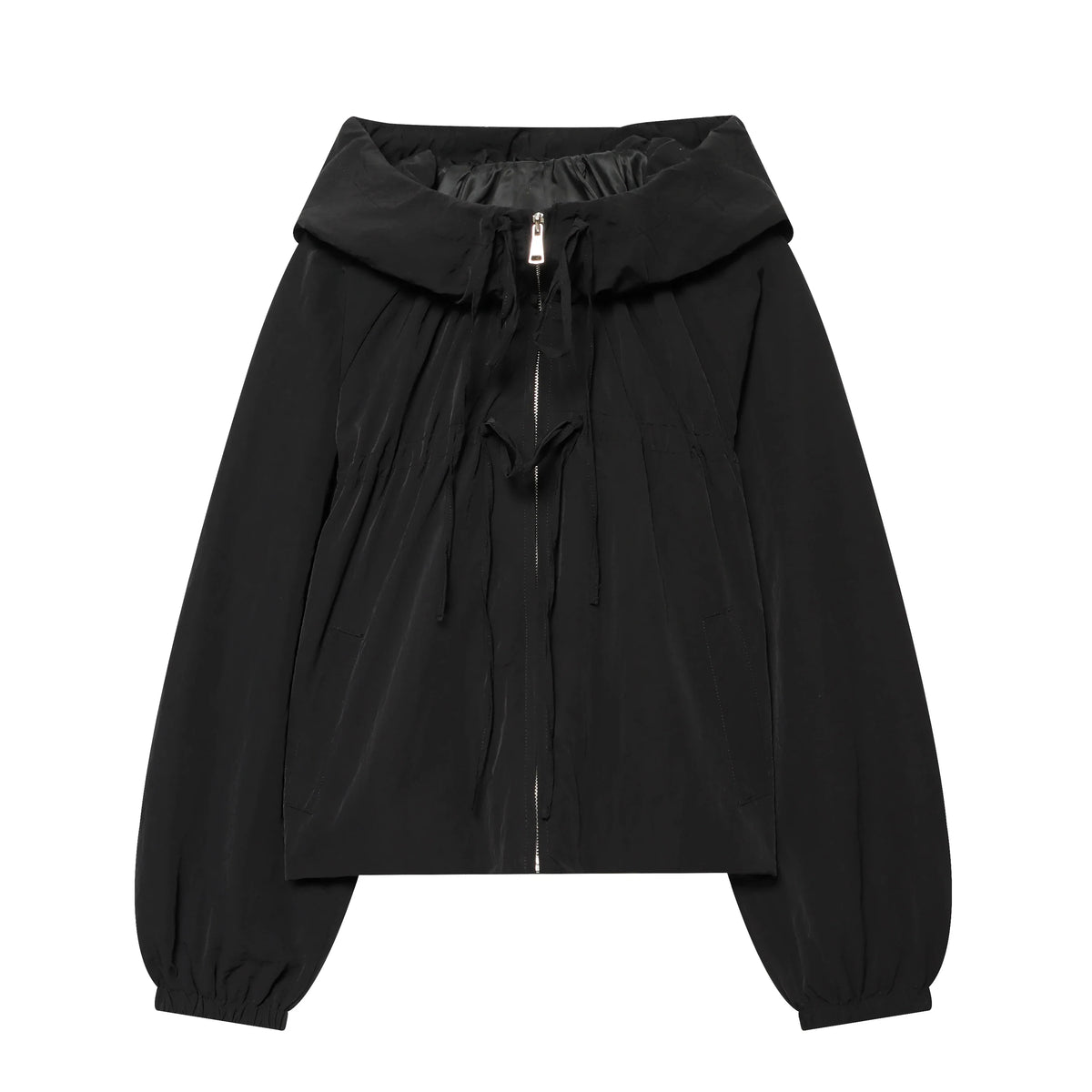 Short women's jacket with hood and drawstring, red