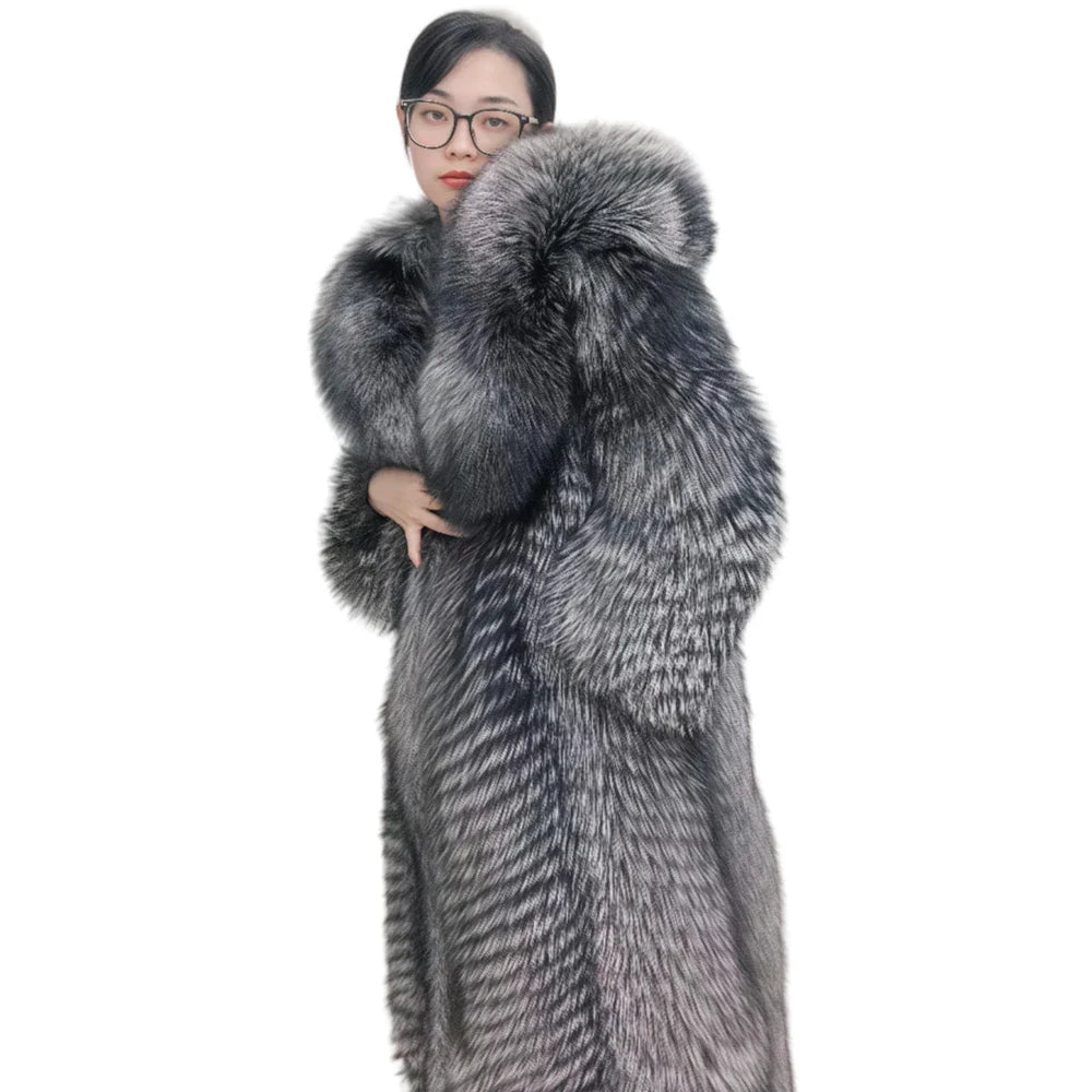 Women's long faux fur coat with hood, gray-black