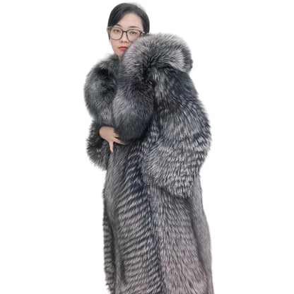 Women's long faux fur coat with hood, gray-black