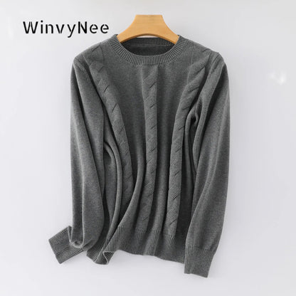 Women's Crew-Neck Knit Sweater with Cable-Knit Pattern