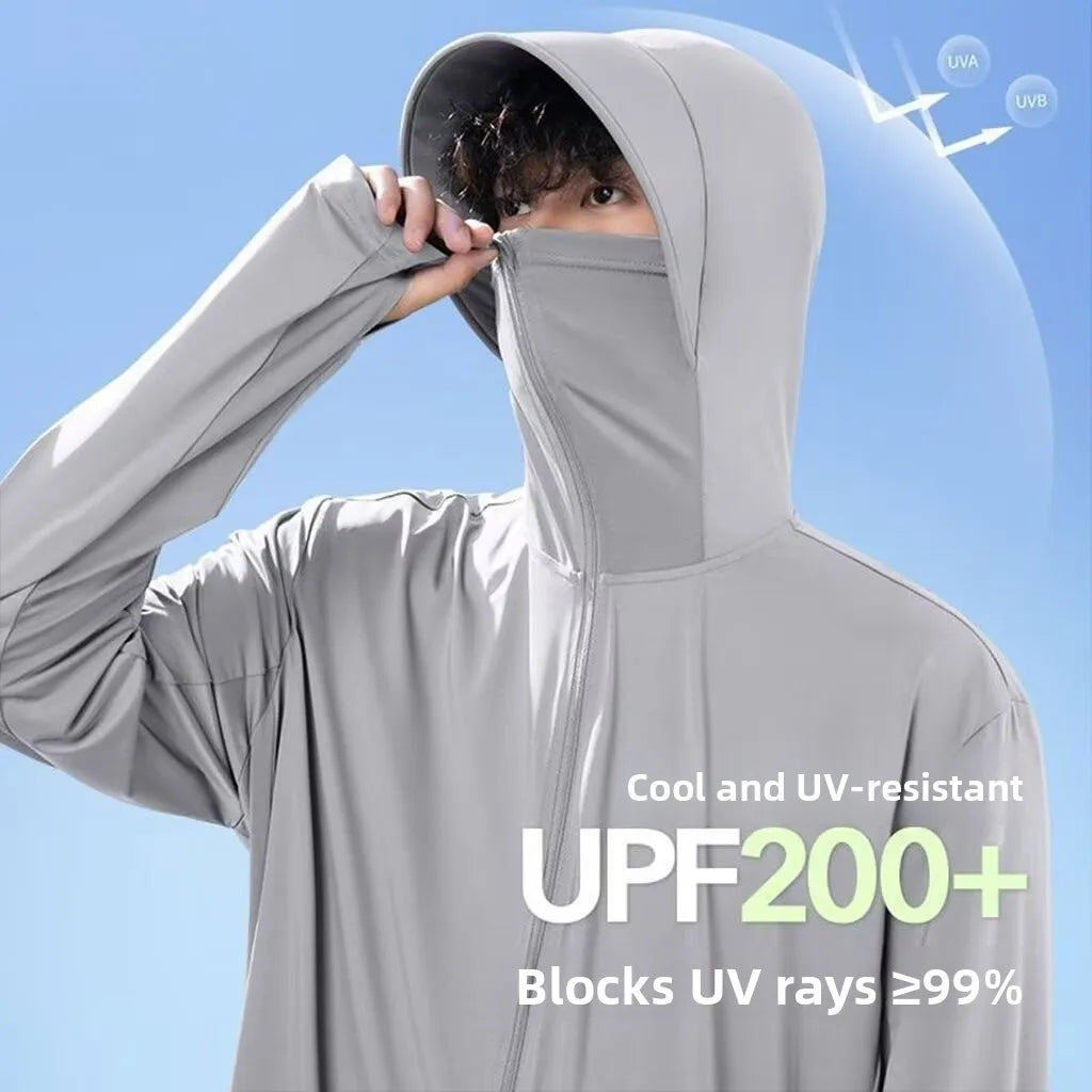 UV-protection jacket with hood and face mask, zipper, for men