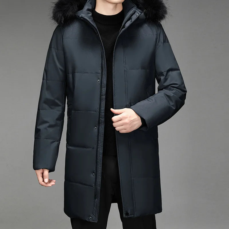 Herren Winter Daunenmantel mit Kapuze und Fellimitat-Besatz Lang Gesteppt