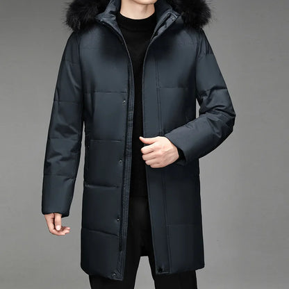 Herren Winter Daunenmantel mit Kapuze und Fellimitat-Besatz Lang Gesteppt