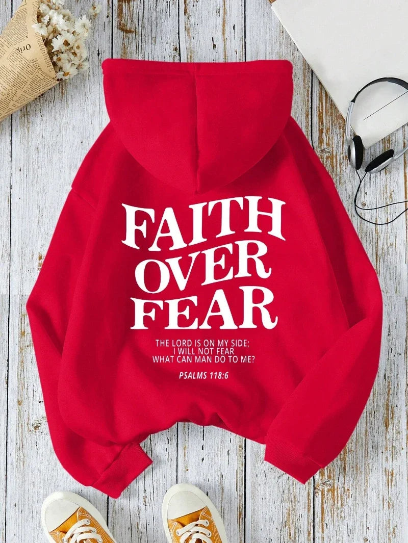 Hoodie with "Faith Over Fear" lettering and Bible quote, oversized hoodie