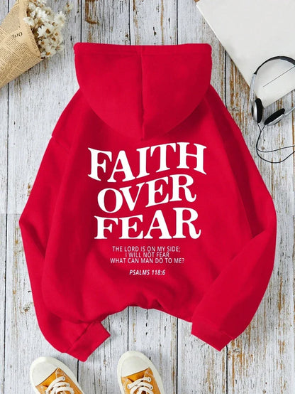 Hoodie with "Faith Over Fear" lettering and Bible quote, oversized hoodie
