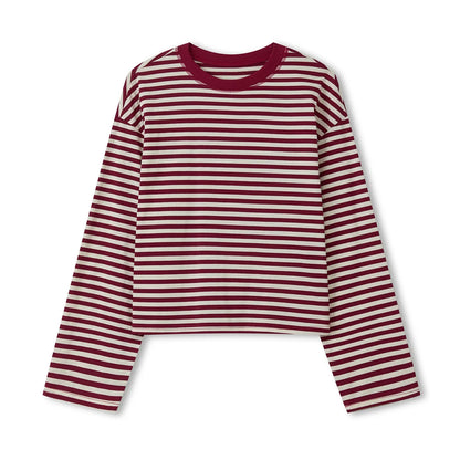 Gestreiftes Langarmshirt Damen Rundhalsausschnitt Oversize Cropped