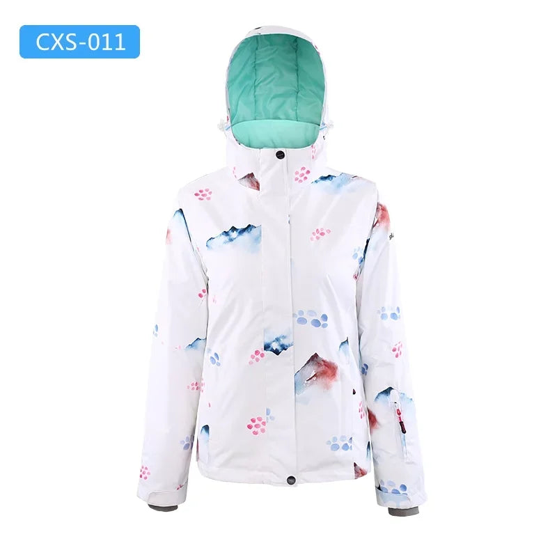 Women's winter ski jacket with hood, colorful pattern, outdoor