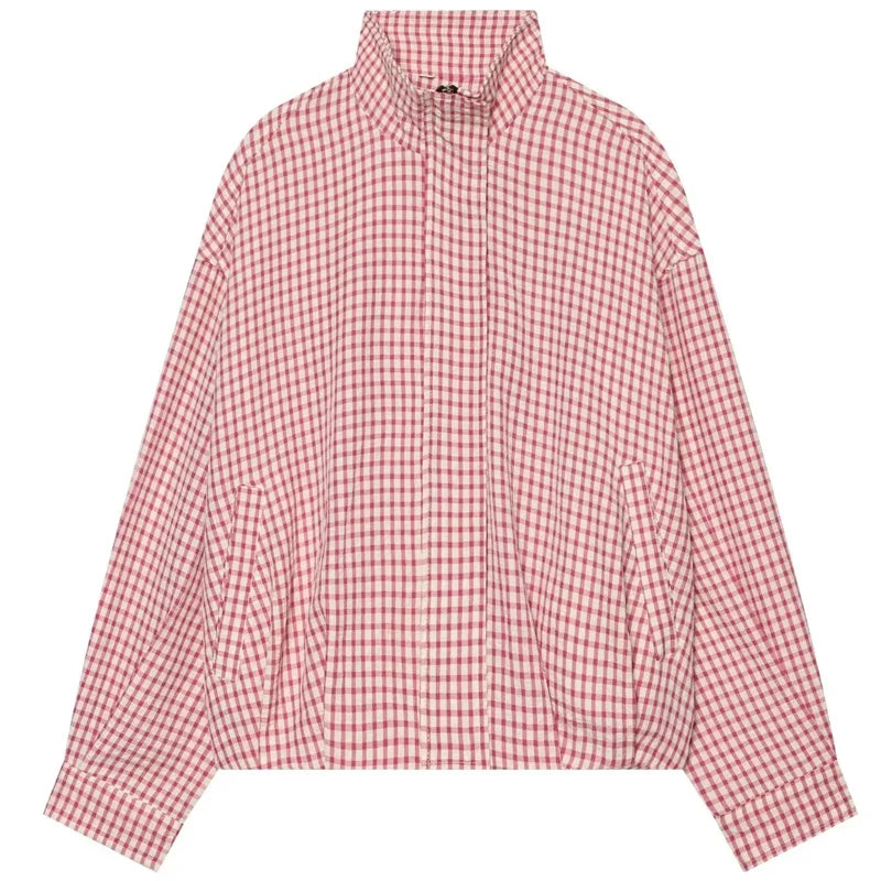 Damen Karo-Bluse Oversize Stehkragen Gesteppte Ärmel