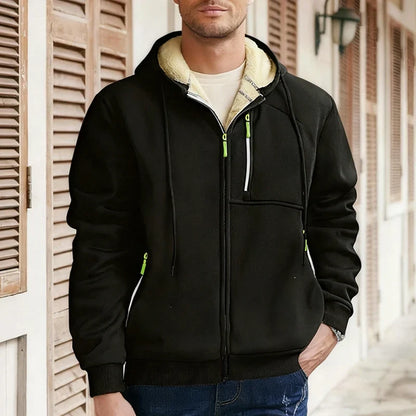 Lined men's hoodie, winter jacket with zip closure, hooded jacket, black