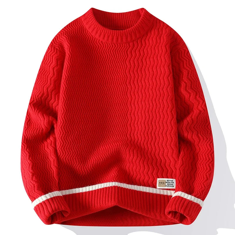Men's turtleneck knitted sweater with wave pattern, red