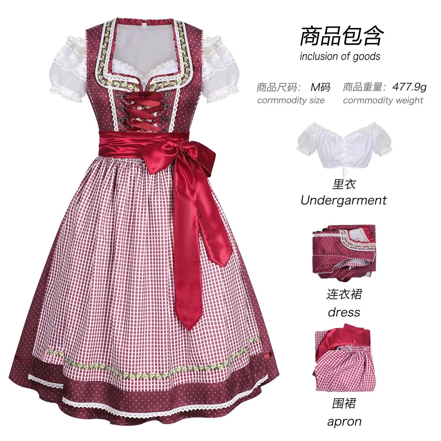 Damen Dirndl Midi Rot Gepunktet Kariert mit Bluse und Schürze