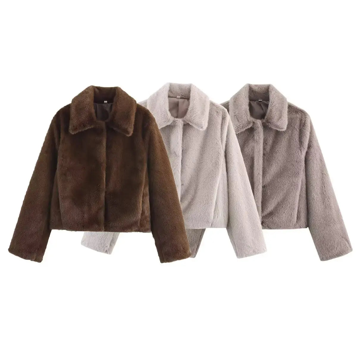 Short women's faux fur jacket with collar, brown faux fur jacket