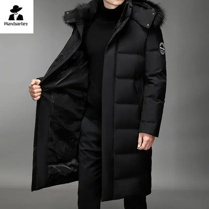 Men's long winter down coat, black and gray, with hood and fur trim, padded