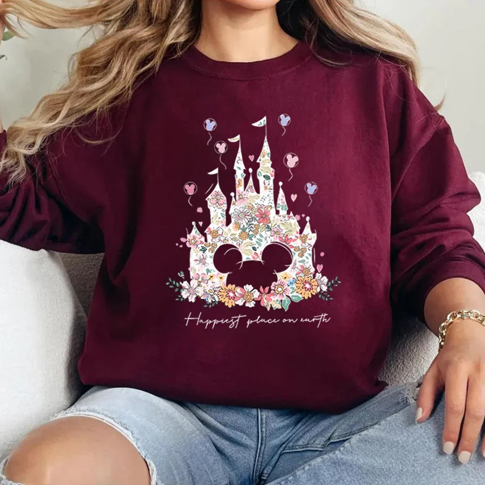 Damen Sweatshirt mit Blumen Schloss Druck & Mickey Motiv Rundhals