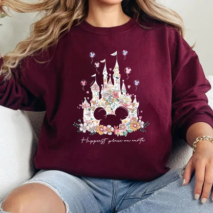 Damen Sweatshirt mit Blumen Schloss Druck & Mickey Motiv Rundhals