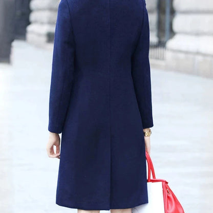 Women's long winter coat, elegant button placket, solid color collar