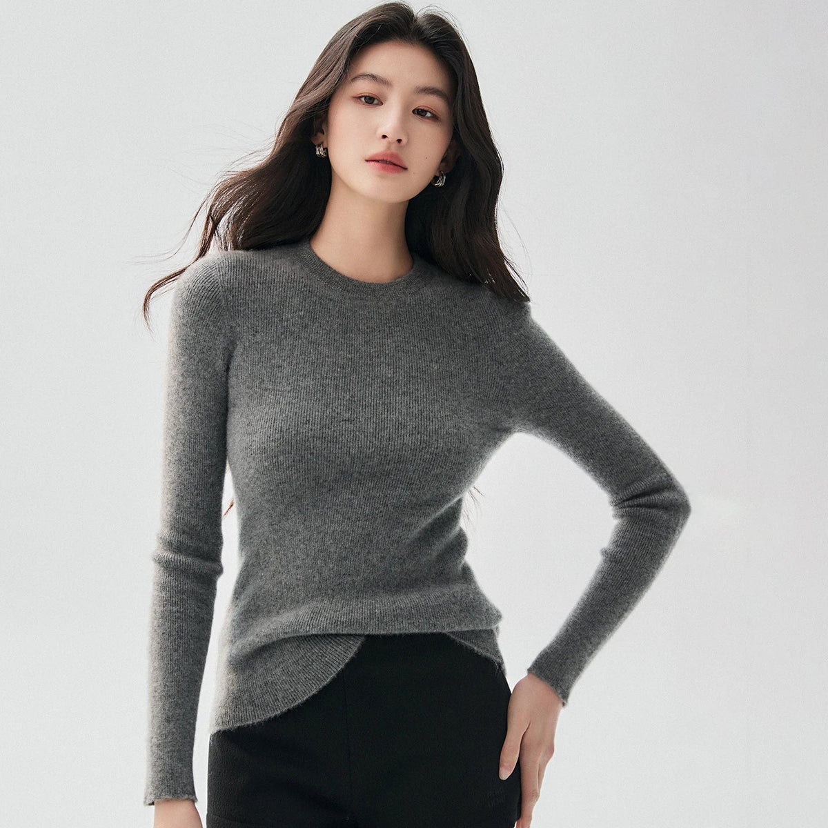 Damen Pullover Rundhals Langarm Gerippter Saum in verschiedenen Farben