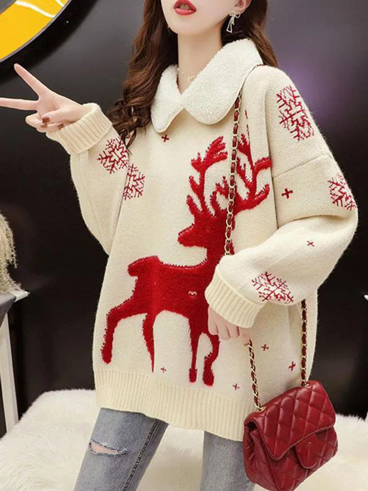 Women's Christmas sweater with deer motif, crew neck, and teddy fleece collar, long sleeves
