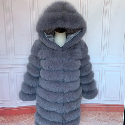 Women's winter faux fur coat with hood, long sleeves, warm jacket, striped