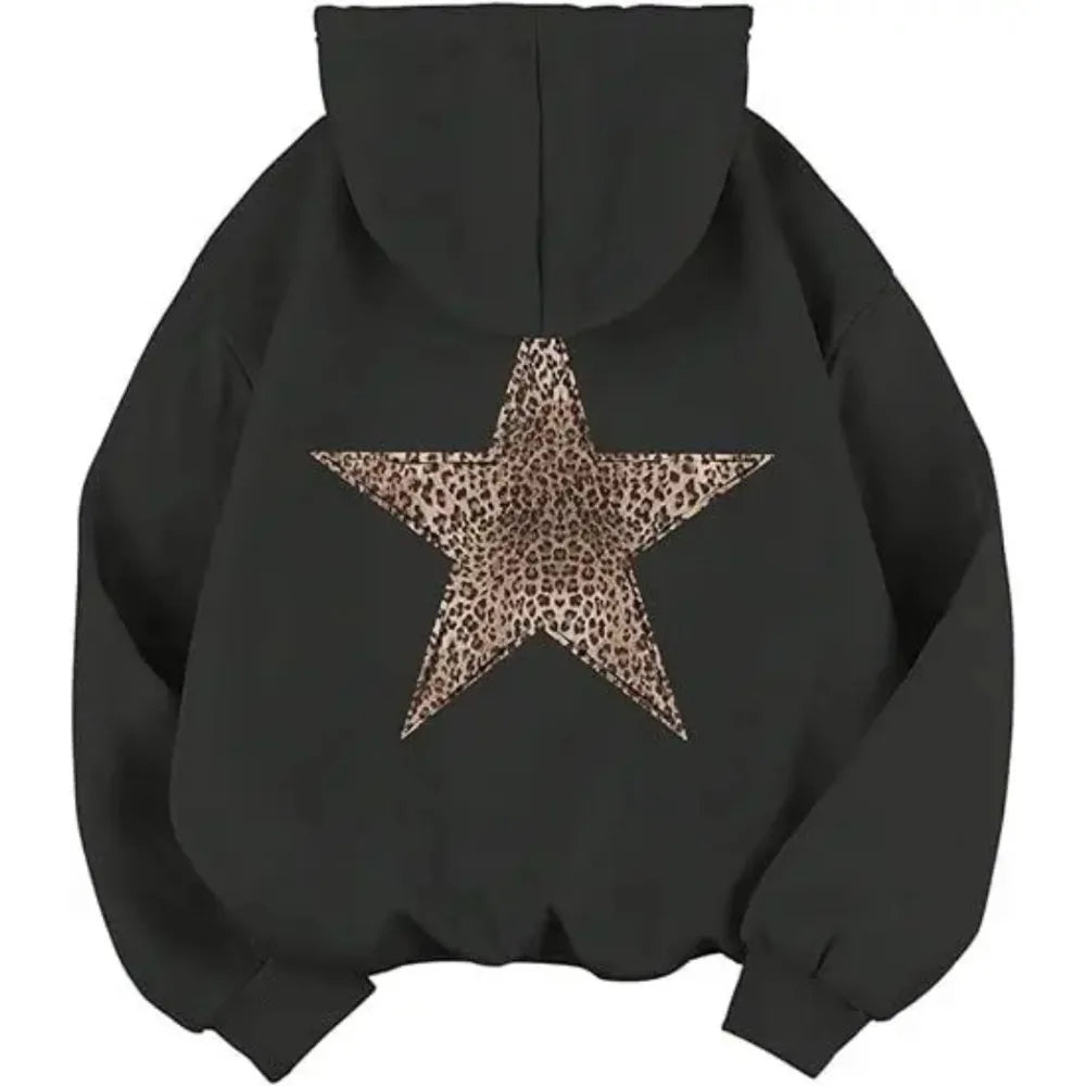 Women's hoodie with leopard star print on the back, oversized hooded sweatshirt