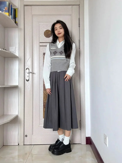 Women's gray midi pleated skirt with argyle knitted vest and shirt set