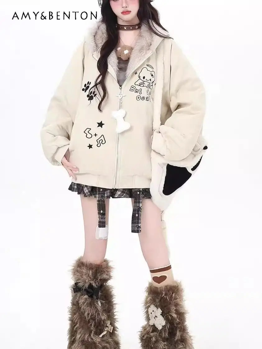 Women's winter jacket with cat ears, hood and fur trim, relaxed fit
