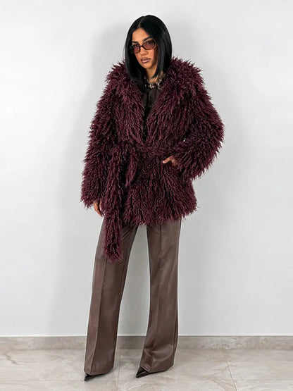 Women's fluffy hooded jacket with tie belt shaggy look