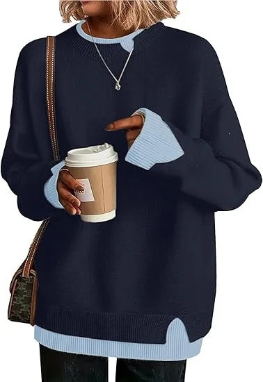 Women's long-sleeve crew-neck sweater with cable-knit look and side slits