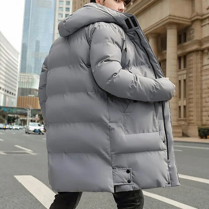 Men's long quilted coat with hood and zipper