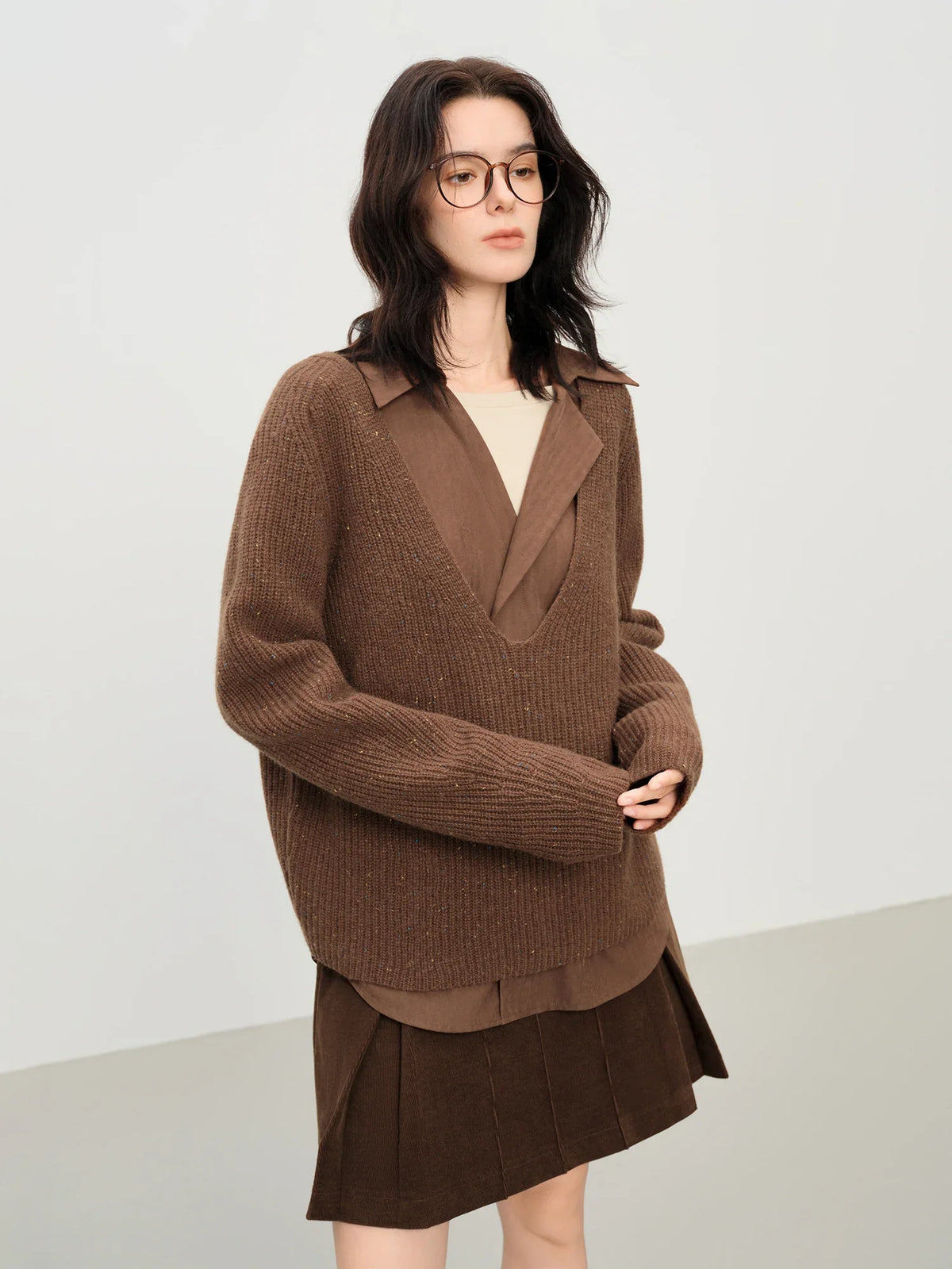 Damen Rib-Strickpullover V-Ausschnitt Tiefer Ausschnitt