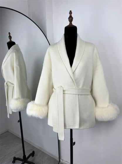 Short women's wrap coat with faux-fur sleeves and tie belt