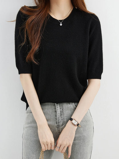Women's short-sleeve knitted sweater, crew neck, ribbed hem