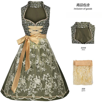 Grünes Dirndl Kleid mit goldener Schürze und Spitzenrock Trachtenkleid