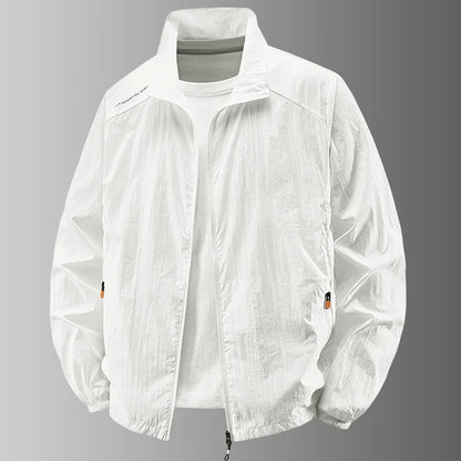 Lightweight men's windbreaker jacket with stand collar and zipper
