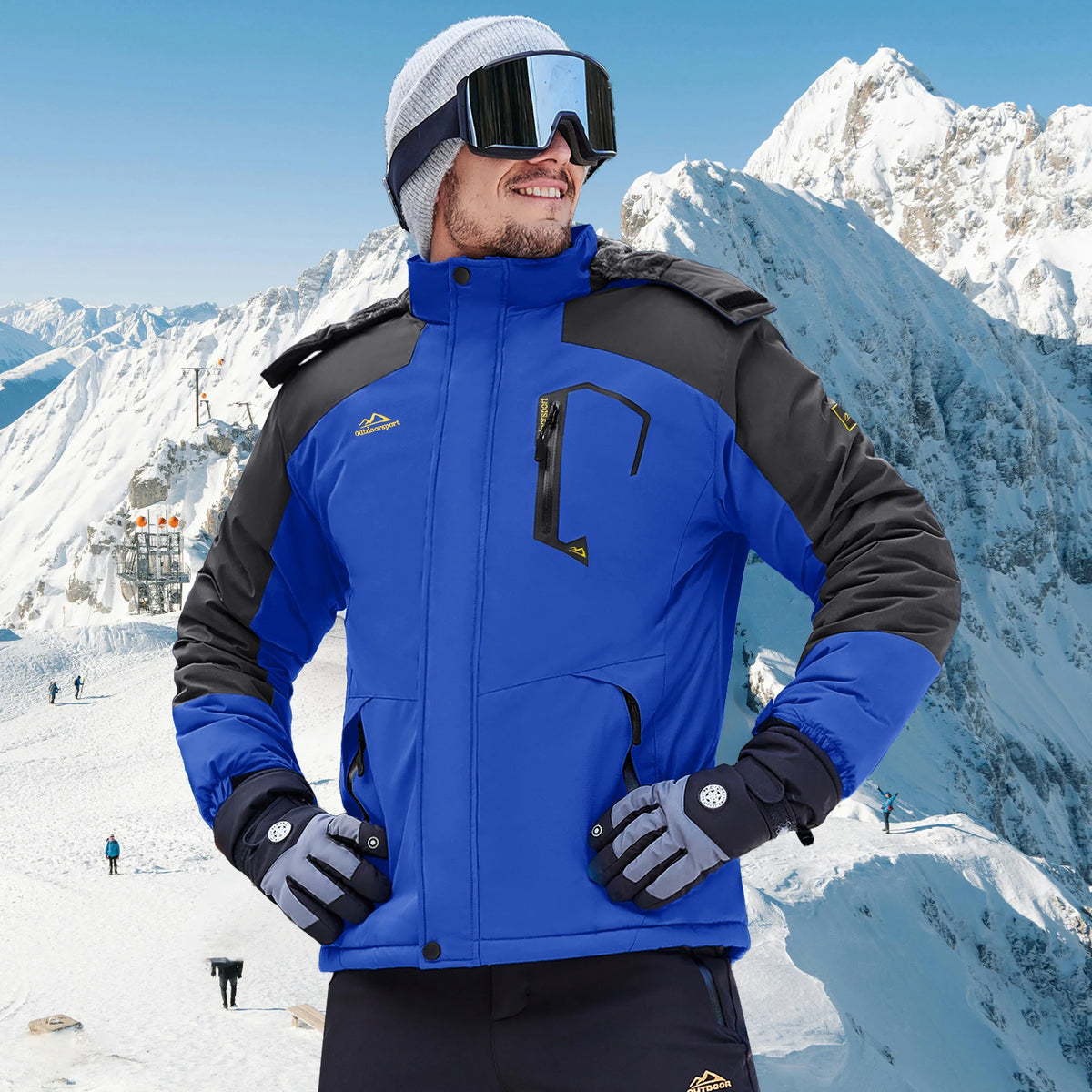 Herren Winterjacke Outdoor Skijacke mit Kapuze und Taschen Orange Grau