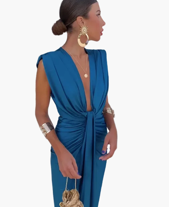 Damen Abendkleid Elegant mit tiefem V-Ausschnitt und Drapierung – Perfekt für festliche Anlässe und Partys