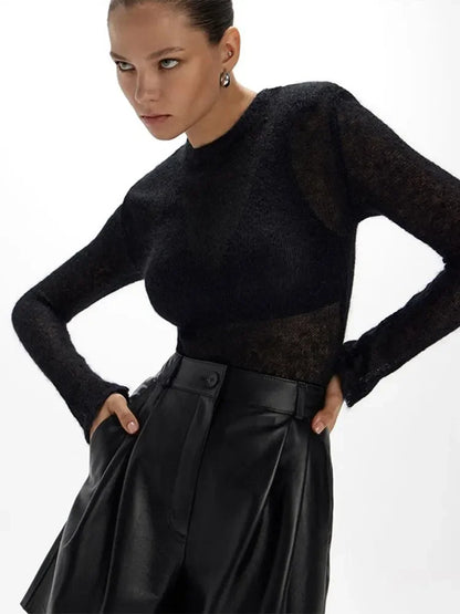 Women's transparent knitted sweater, long sleeve, crew-neck