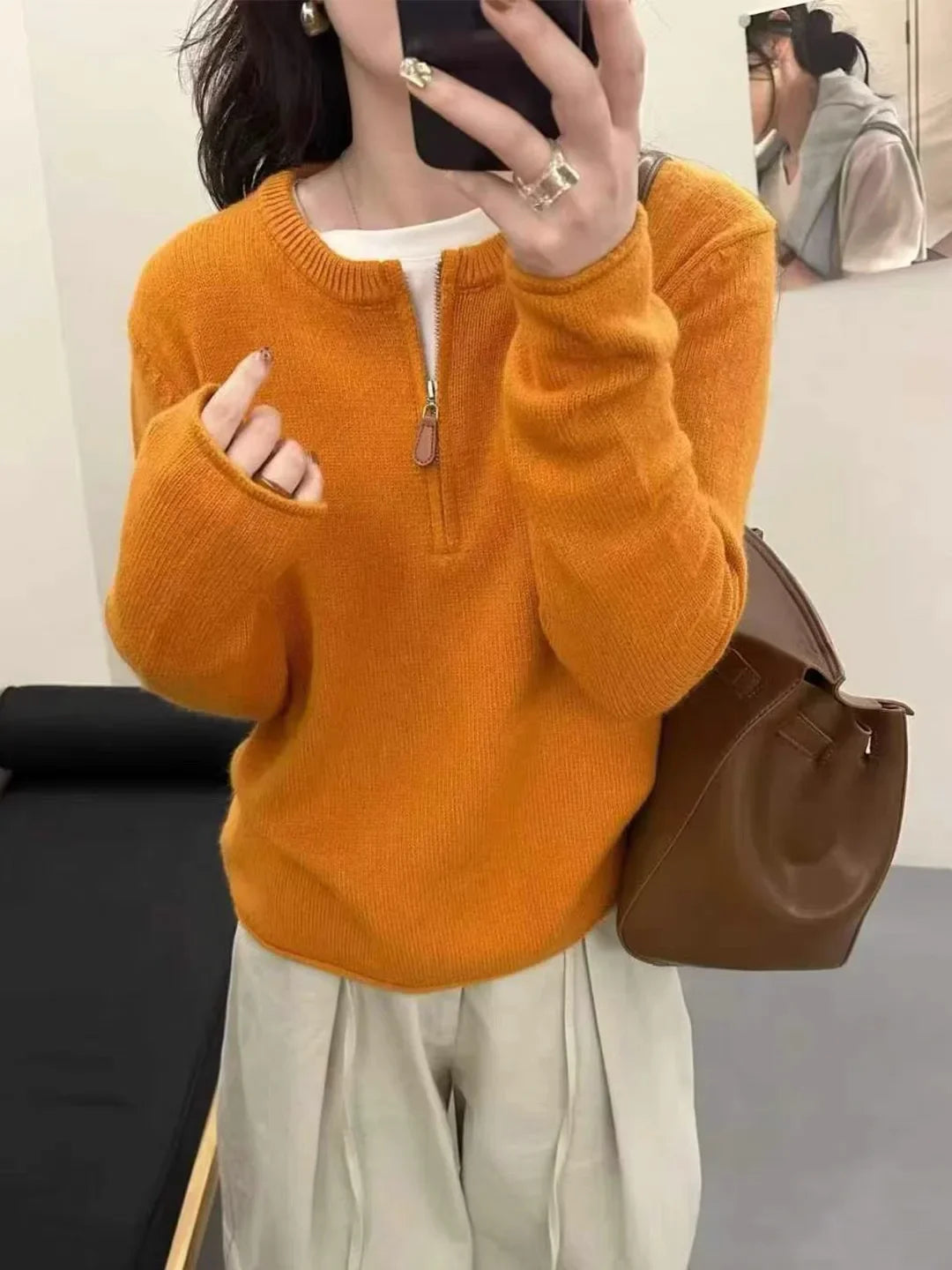 Women's Marled Sweater with Zipper Stand Collar