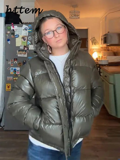 Women's shiny olive green quilted jacket with hood