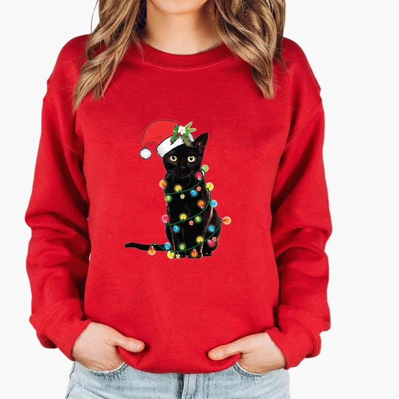 Damen Weihnachtspullover mit Katze, Weihnachtsmütze und Lichterkette – Lustiger Winter-Sweater für Frauen