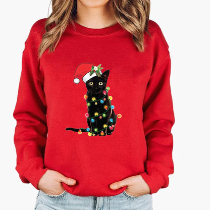 Damen Weihnachtspullover mit Katze, Weihnachtsmütze und Lichterkette – Lustiger Winter-Sweater für Frauen