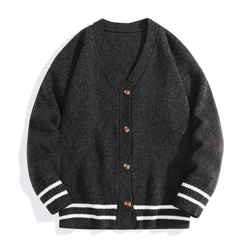 Unisex V-neck cardigan with striped sleeves and button placket