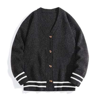 Unisex V-neck cardigan with striped sleeves and button placket