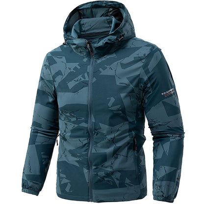 Men's hooded windbreaker jacket, lightweight outer material, camouflage pattern