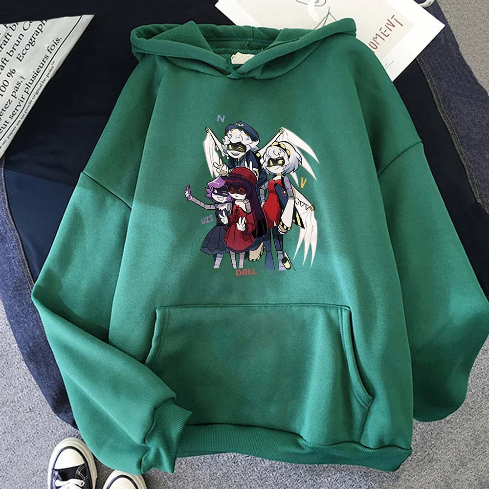 Hoodie mit Kapuze und Anime-Figuren Print Schwarz Unisex