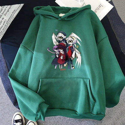 Hoodie mit Kapuze und Anime-Figuren Print Schwarz Unisex