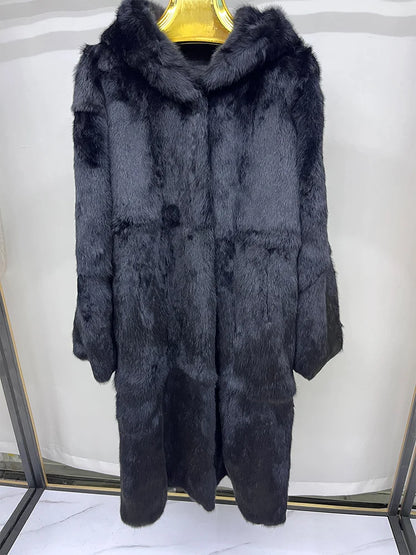 Women's long hooded coat, faux fur look, off-white gray